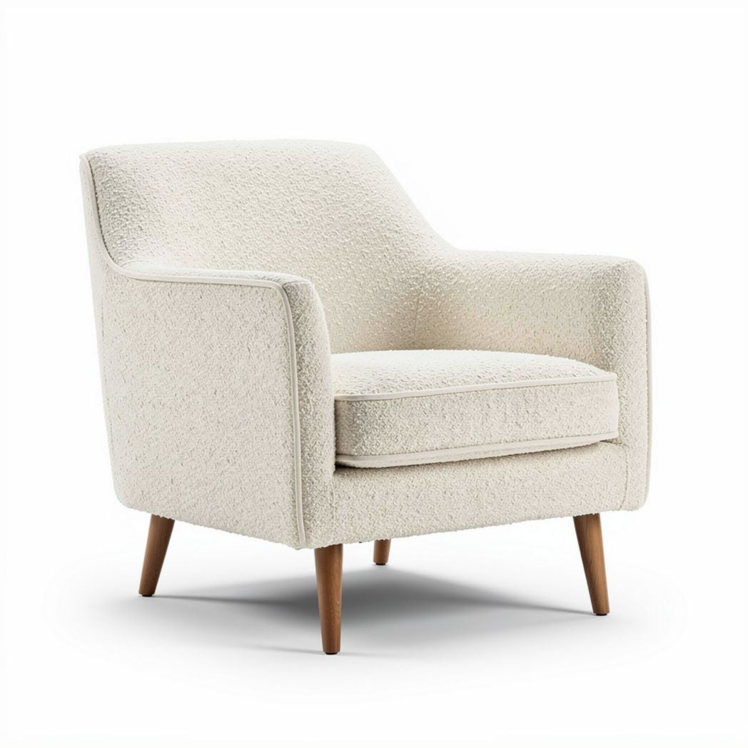 Fotel z tkaniny boucle w kolorze białym o wymiarach 70 x 80 x 85cm