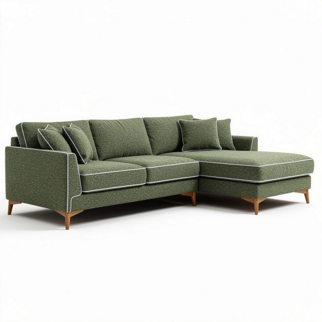 Zielona sofa narożna z poduszkami o wymiarach 250 x 90 x 85cm